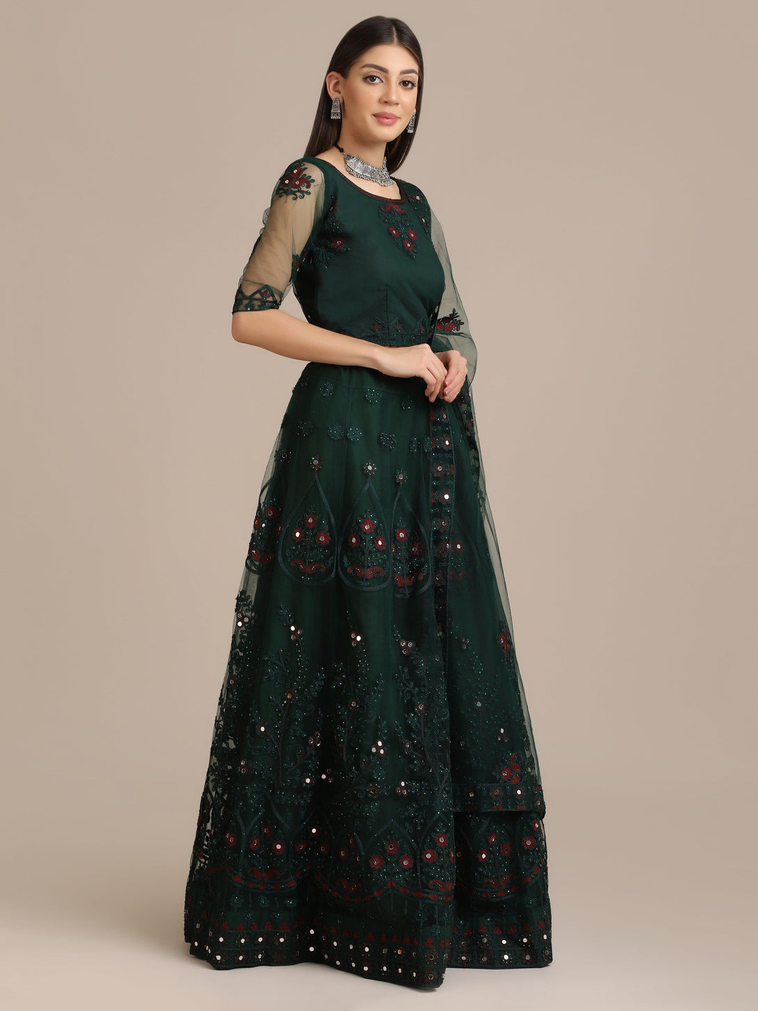 Green Heavy Net Lehenga Choli Semi-Stitched - Indiakreations