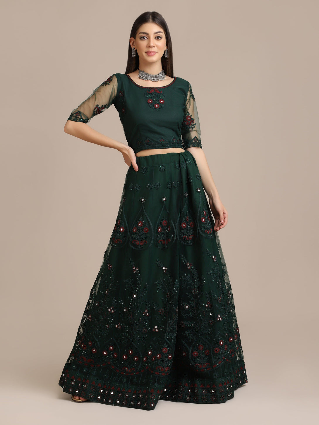 Green Heavy Net Lehenga Choli Semi-Stitched - Indiakreations