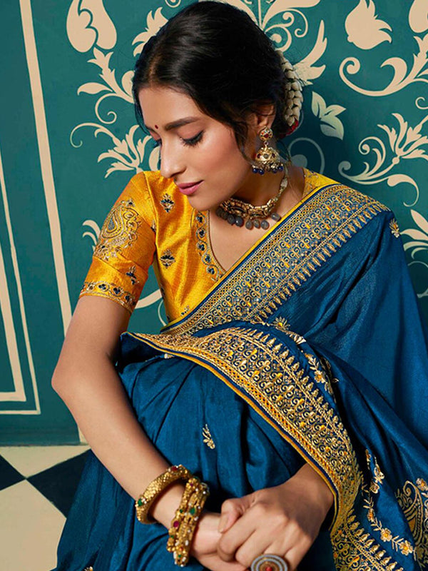 Bright Blue Silk Saree With Golden Embroidery & Border