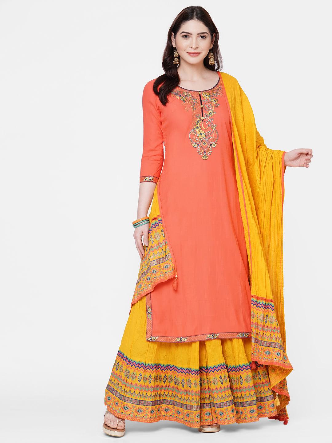 Floral embroidered Kurta with foil Printed Skirt with Printed Dupatta – Peach - Indiakreations