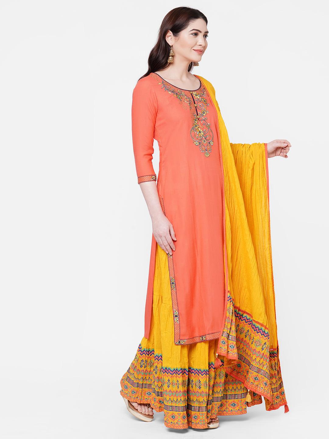 Floral embroidered Kurta with foil Printed Skirt with Printed Dupatta – Peach - Indiakreations