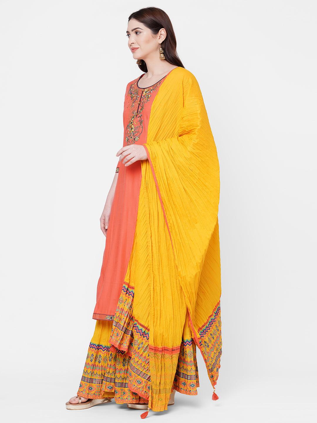 Floral embroidered Kurta with foil Printed Skirt with Printed Dupatta – Peach - Indiakreations