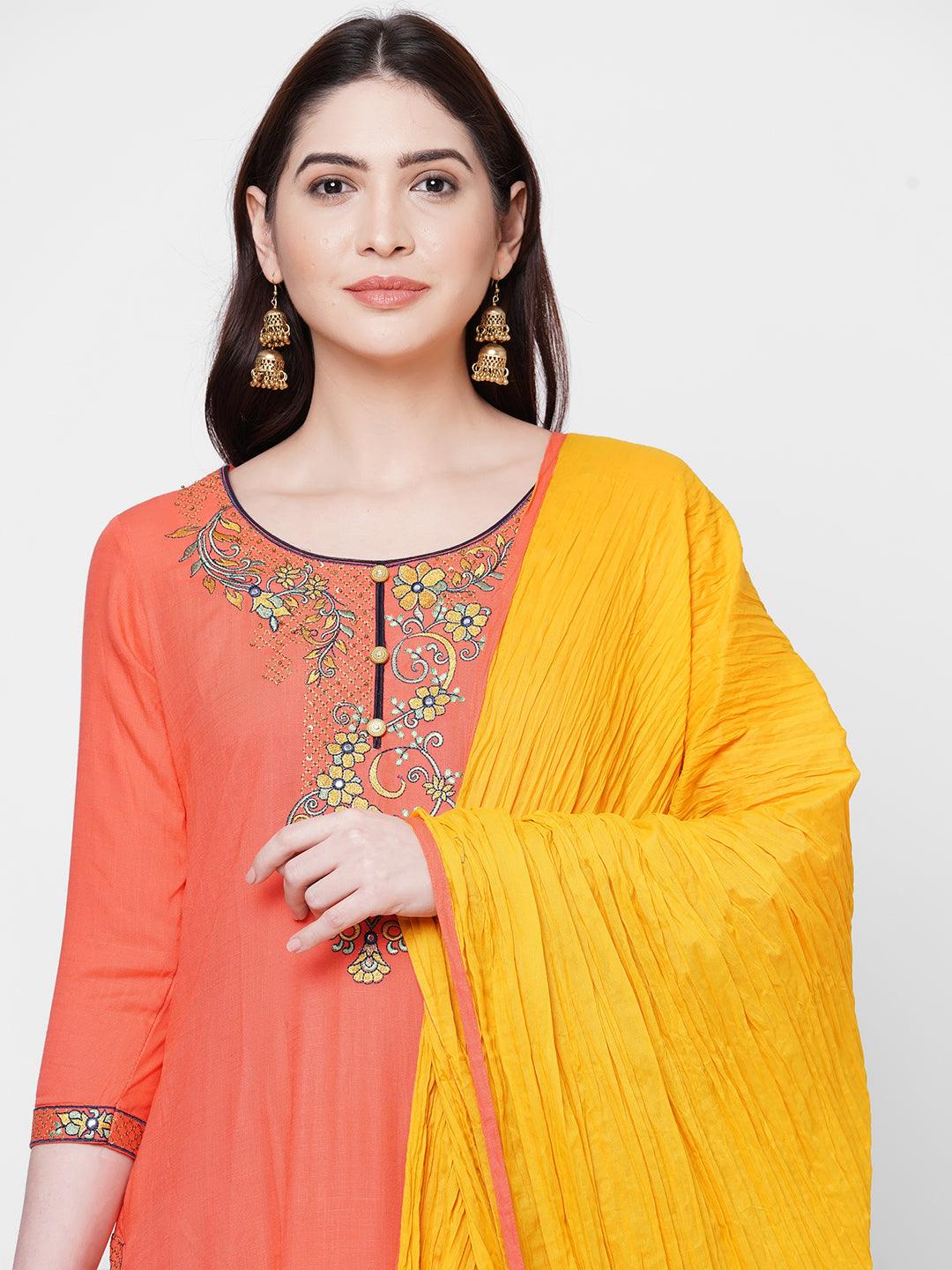 Floral embroidered Kurta with foil Printed Skirt with Printed Dupatta – Peach - Indiakreations