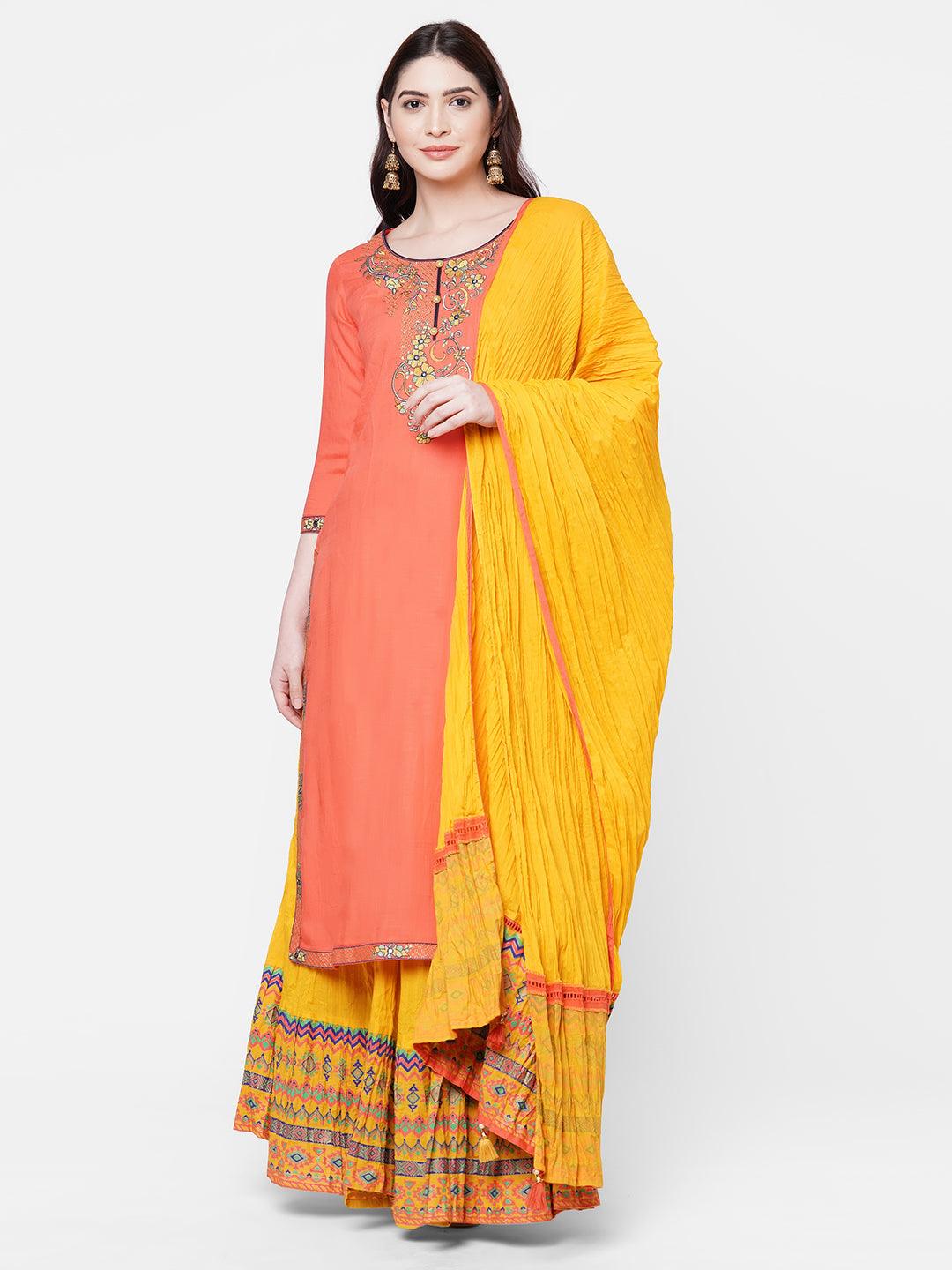 Floral embroidered Kurta with foil Printed Skirt with Printed Dupatta – Peach - Indiakreations