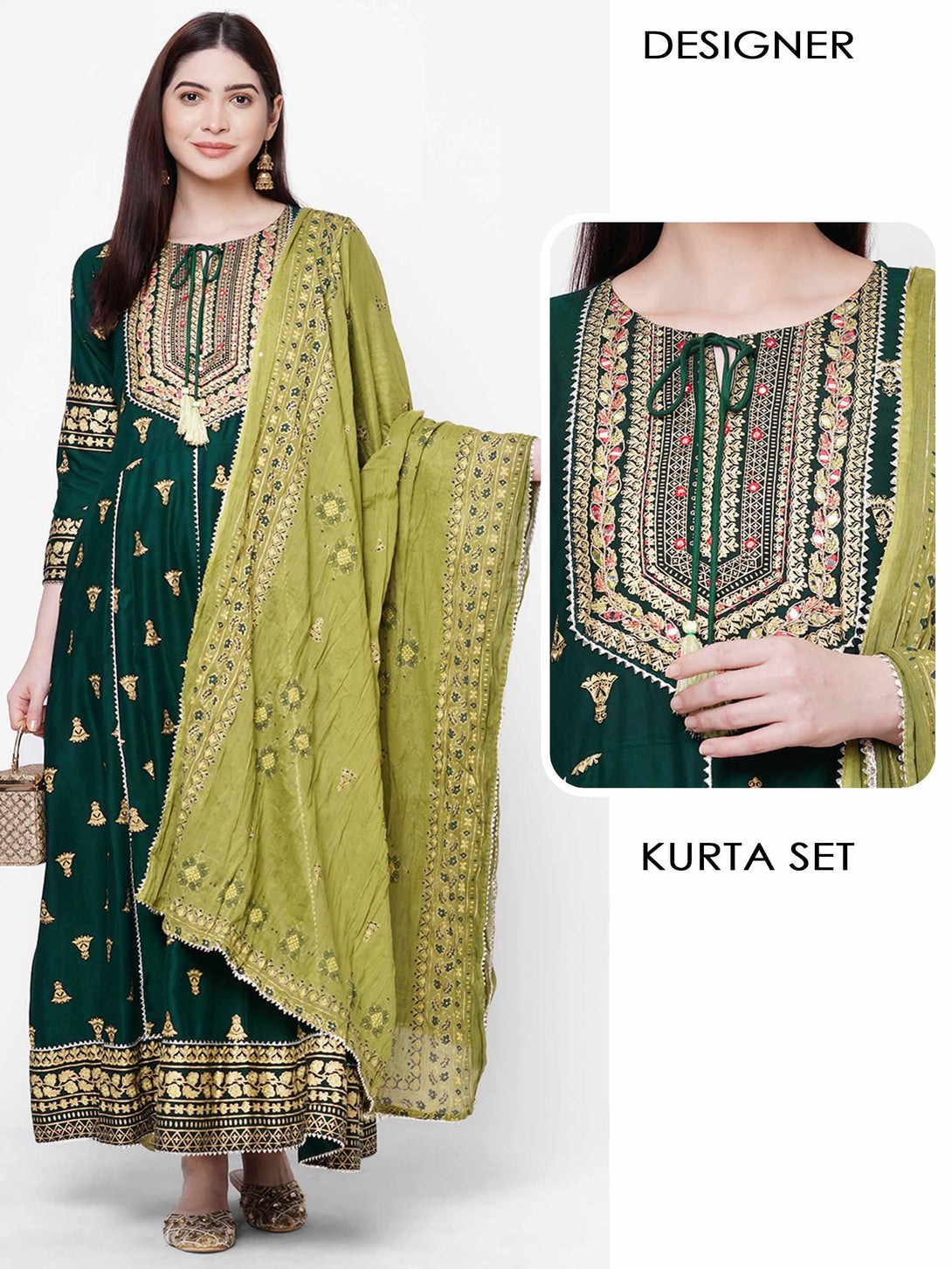 Ethnic Foil Printed Kurta with Foil Printed Pant with Printed Dupatta – Bottle Green - Indiakreations