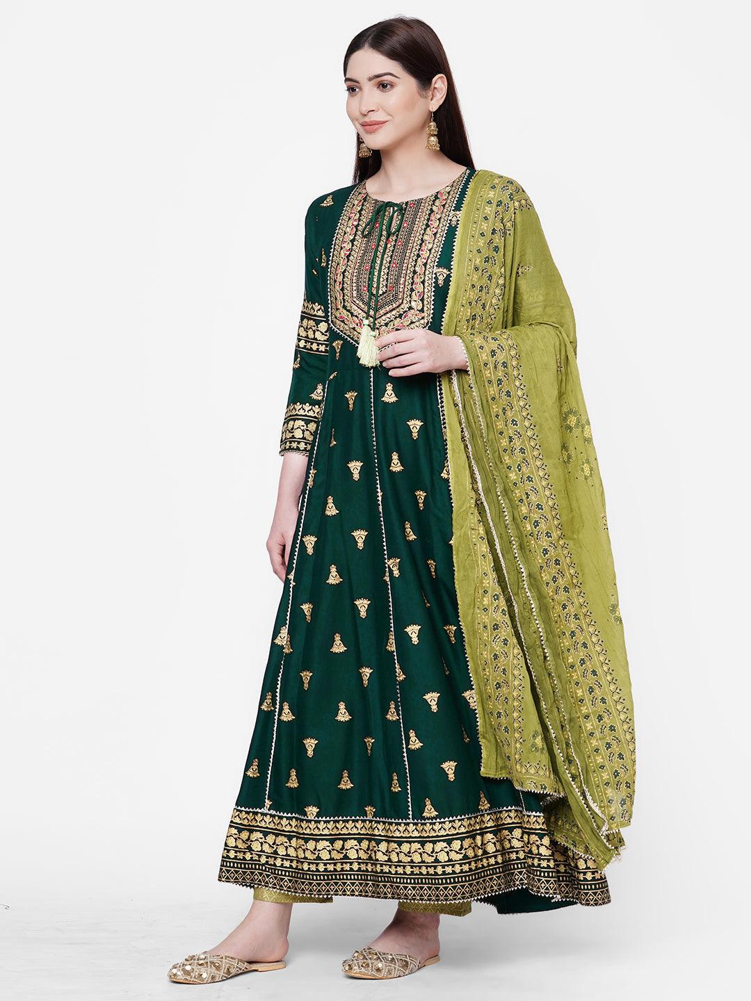 Ethnic Foil Printed Kurta with Foil Printed Pant with Printed Dupatta – Bottle Green - Indiakreations