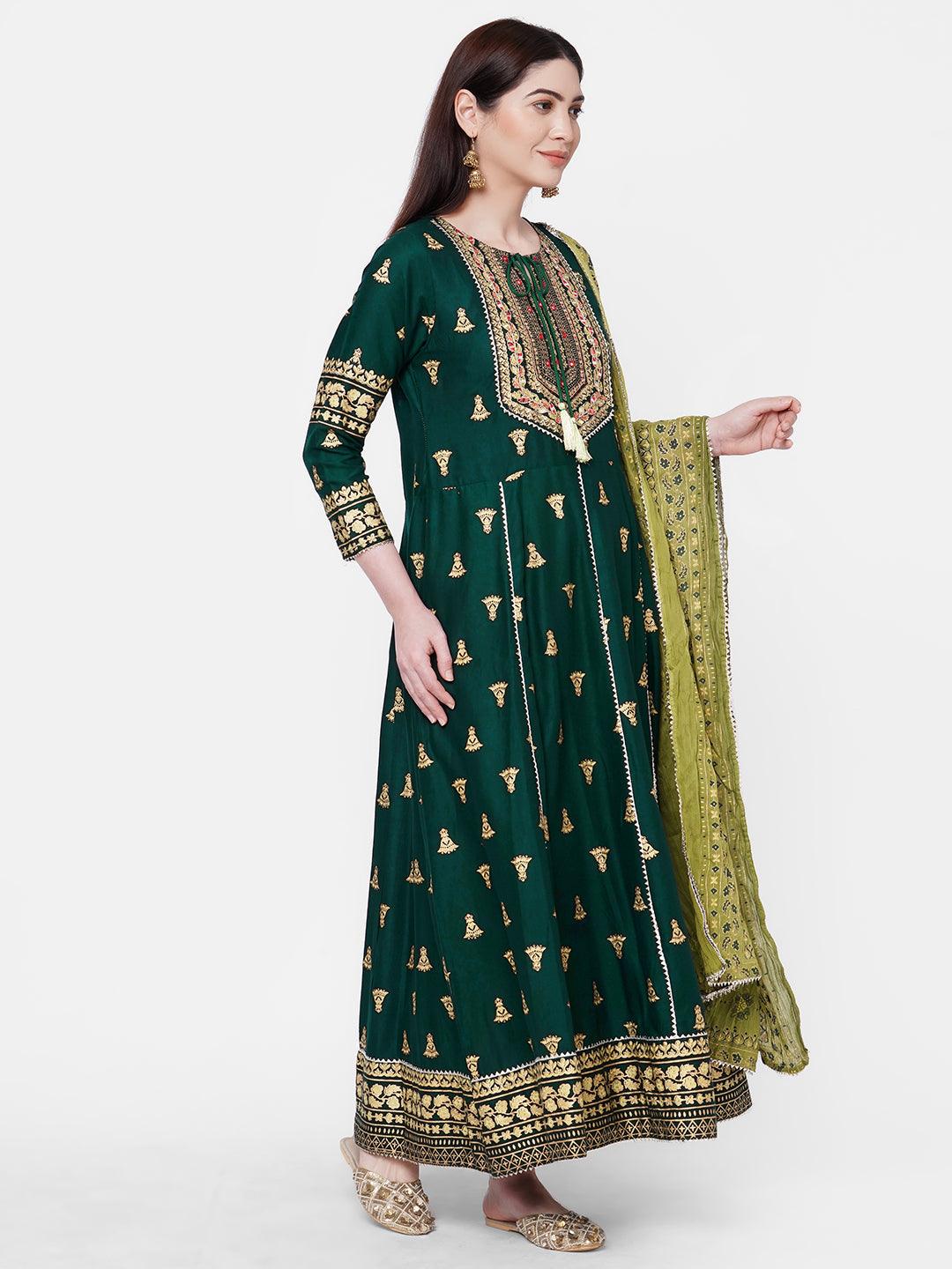 Ethnic Foil Printed Kurta with Foil Printed Pant with Printed Dupatta – Bottle Green - Indiakreations