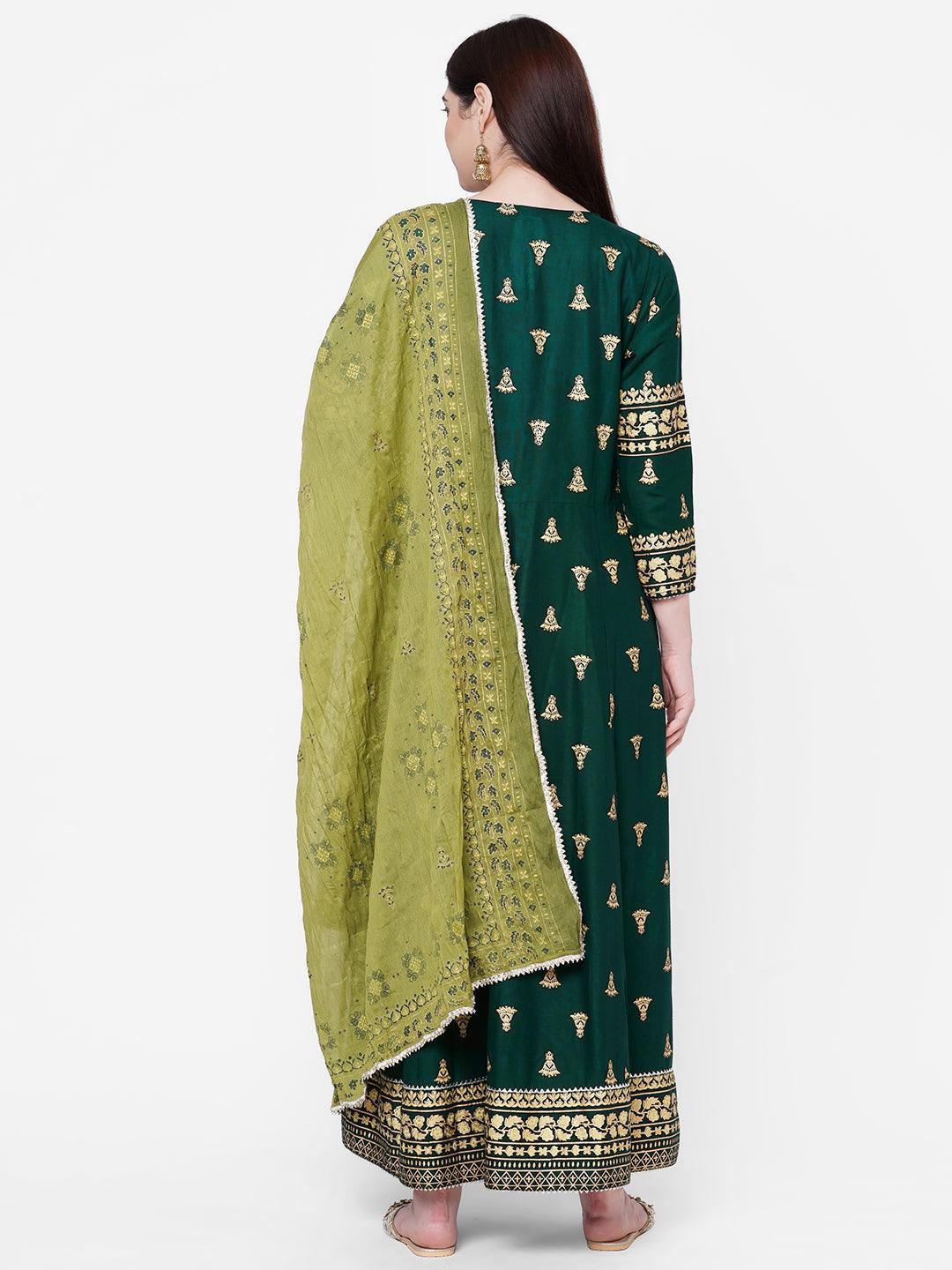 Ethnic Foil Printed Kurta with Foil Printed Pant with Printed Dupatta – Bottle Green - Indiakreations