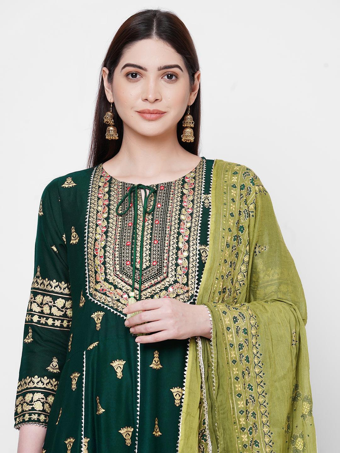 Ethnic Foil Printed Kurta with Foil Printed Pant with Printed Dupatta – Bottle Green - Indiakreations