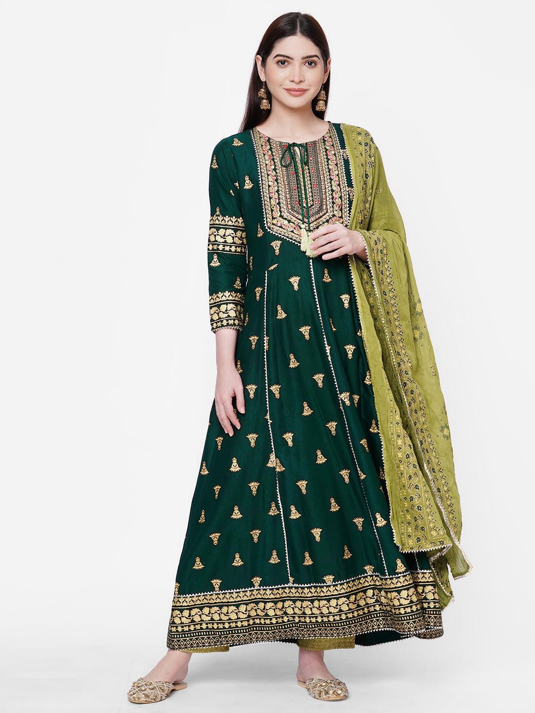 Ethnic Foil Printed Kurta with Foil Printed Pant with Printed Dupatta – Bottle Green - Indiakreations