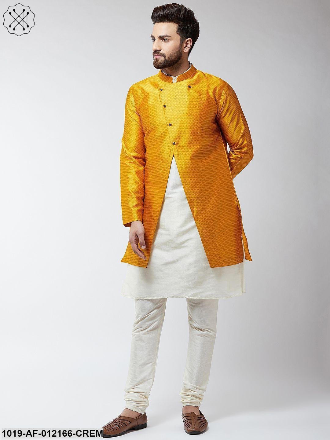 Men's Silk Blend Cream Kurta Churidaar Pyjama & Mustard Sherwani Jacket Set - Sojanya - Indiakreations