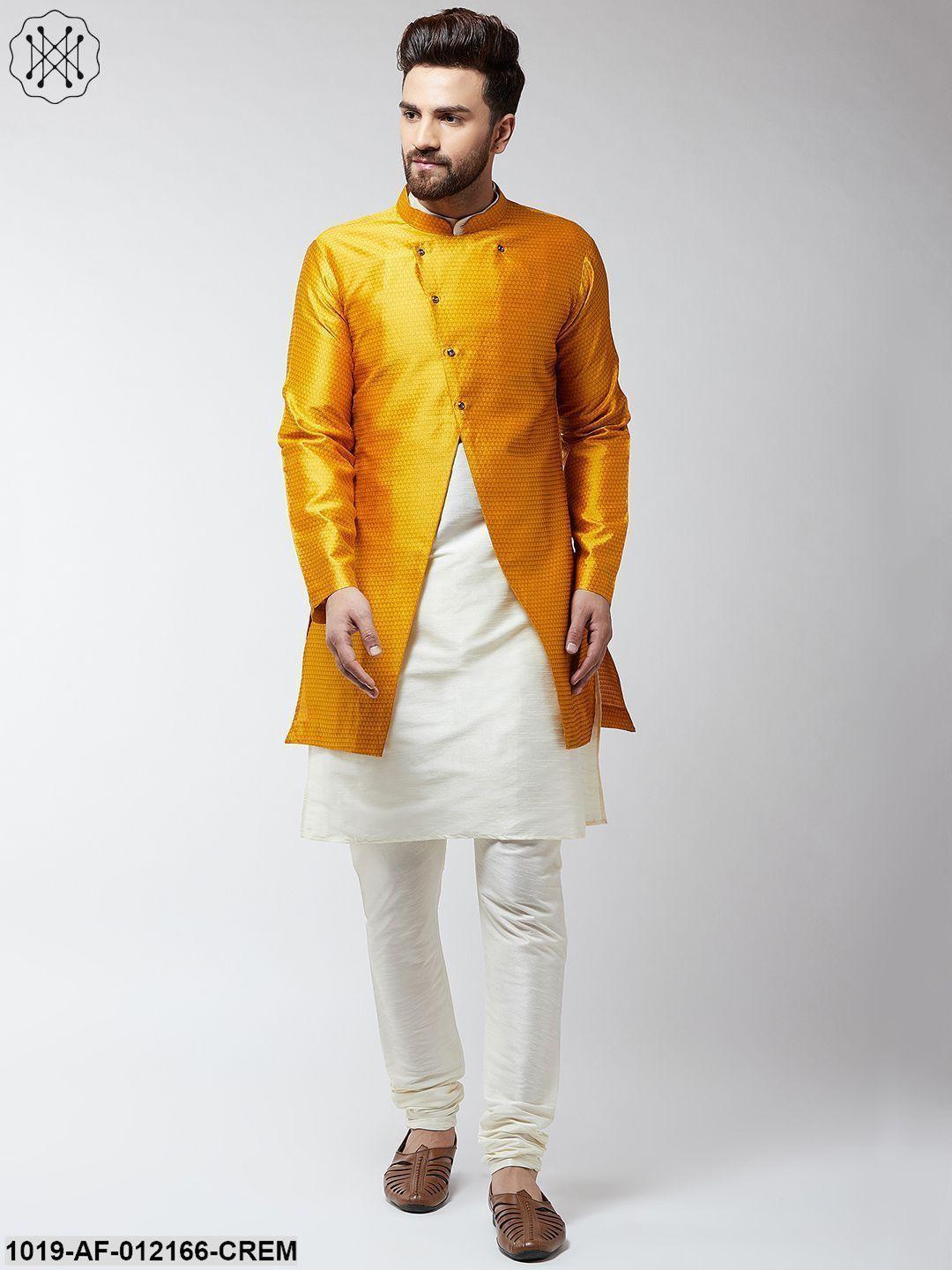 Men's Silk Blend Cream Kurta Churidaar Pyjama & Mustard Sherwani Jacket Set - Sojanya - Indiakreations