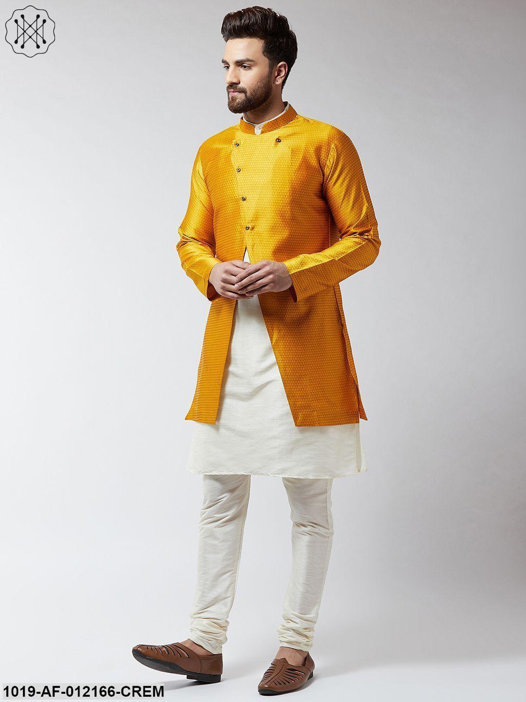 Men's Silk Blend Cream Kurta Churidaar Pyjama & Mustard Sherwani Jacket Set - Sojanya - Indiakreations