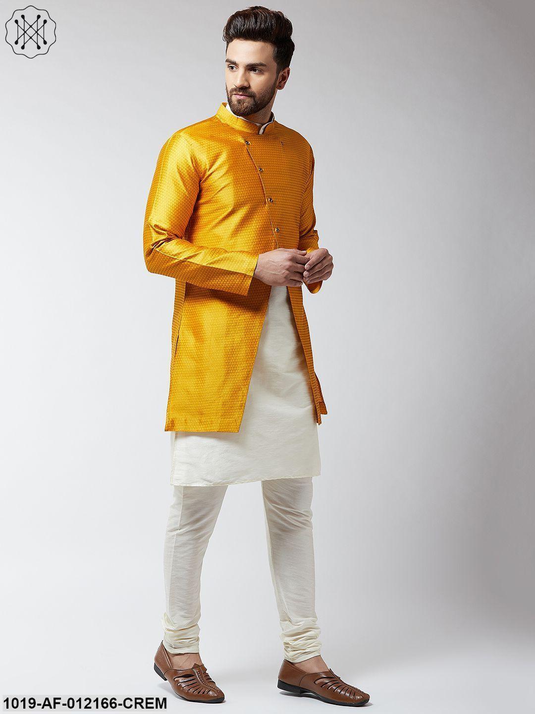 Men's Silk Blend Cream Kurta Churidaar Pyjama & Mustard Sherwani Jacket Set - Sojanya - Indiakreations