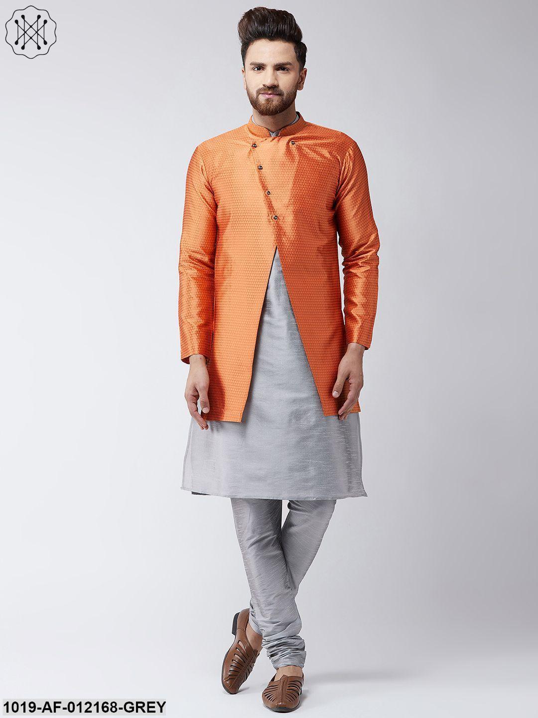 Men's Silk Blend Grey Kurta Churidaar Pyjama & Peach Sherwani Jacket Set - Sojanya - Indiakreations