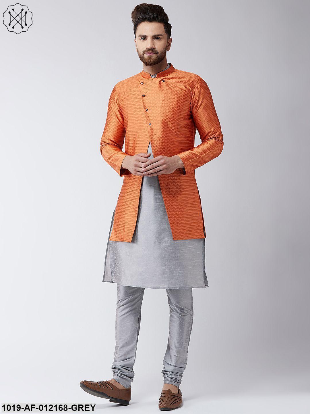 Men's Silk Blend Grey Kurta Churidaar Pyjama & Peach Sherwani Jacket Set - Sojanya - Indiakreations