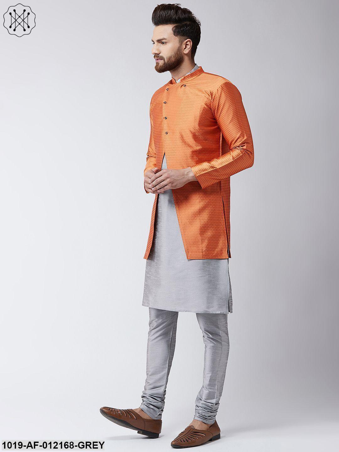 Men's Silk Blend Grey Kurta Churidaar Pyjama & Peach Sherwani Jacket Set - Sojanya - Indiakreations