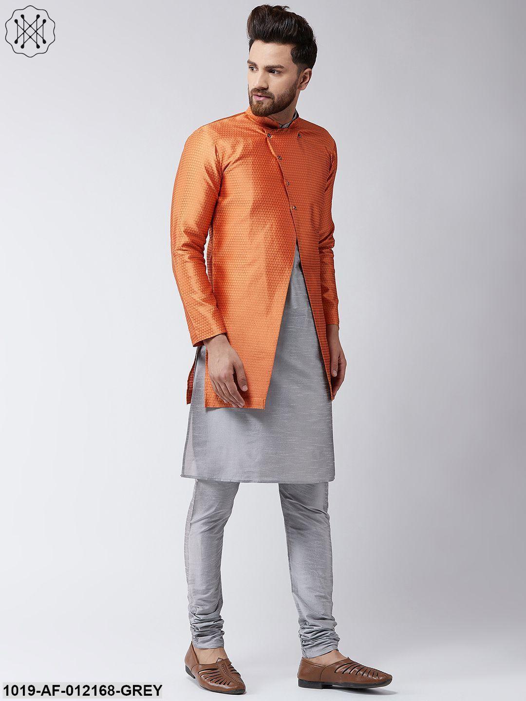 Men's Silk Blend Grey Kurta Churidaar Pyjama & Peach Sherwani Jacket Set - Sojanya - Indiakreations