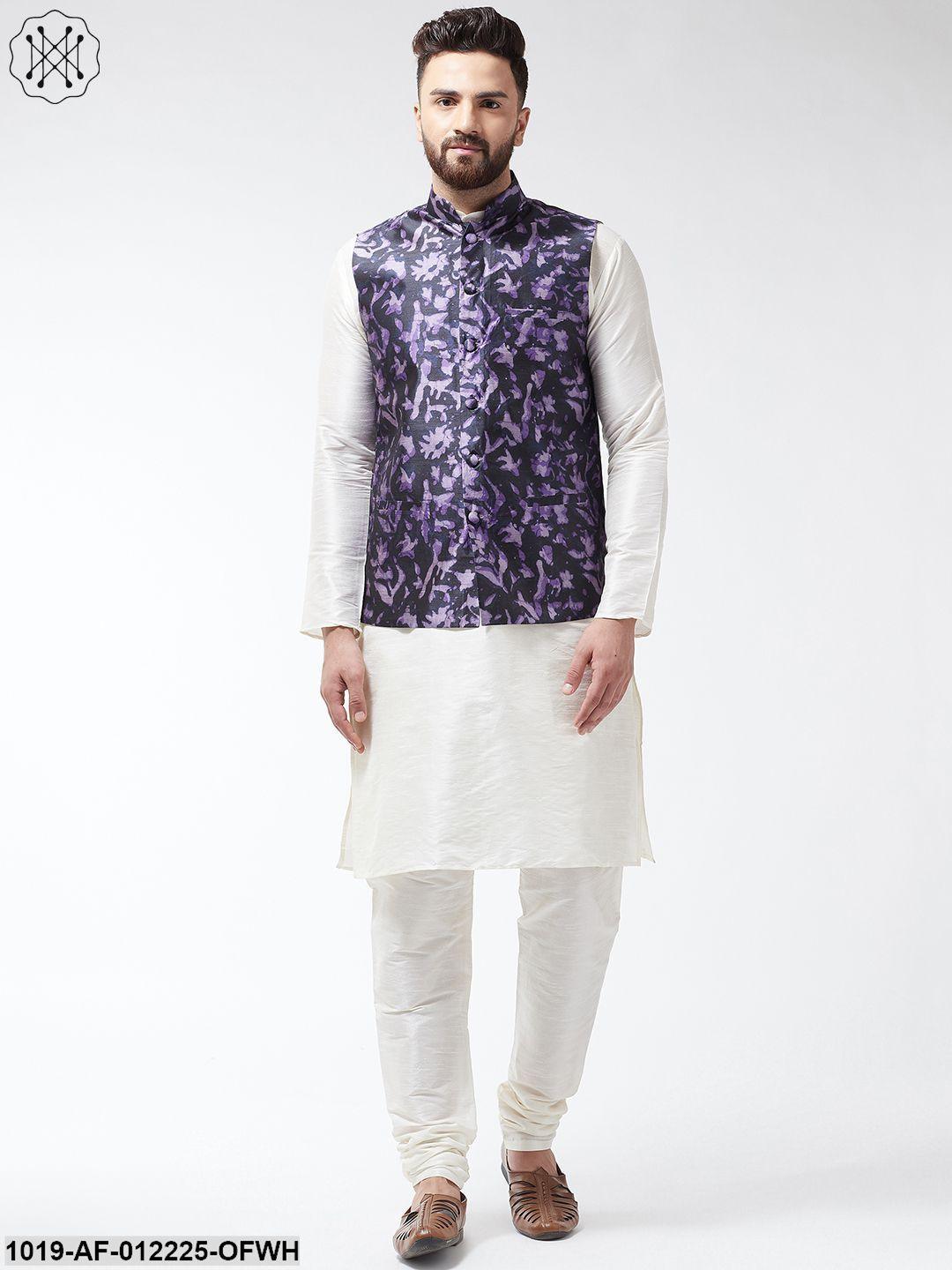 Men's Silk Blend Offwhite Kurta With Pyjama & Navyblue Printed Nehrujacket - Sojanya - Indiakreations