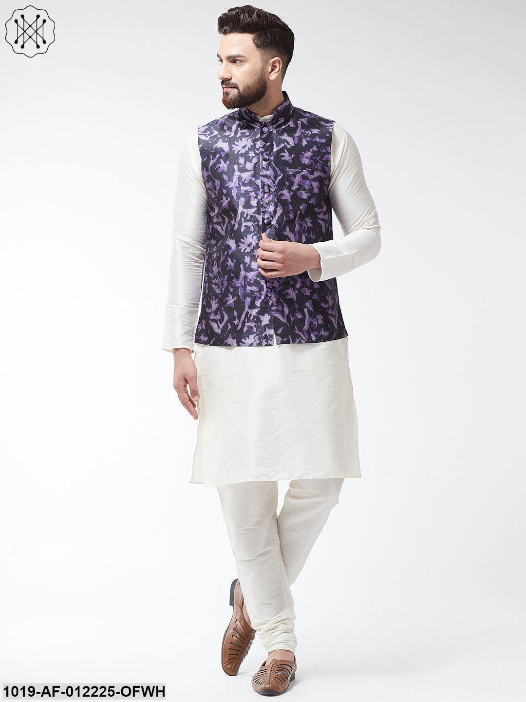 Men's Silk Blend Offwhite Kurta With Pyjama & Navyblue Printed Nehrujacket - Sojanya - Indiakreations