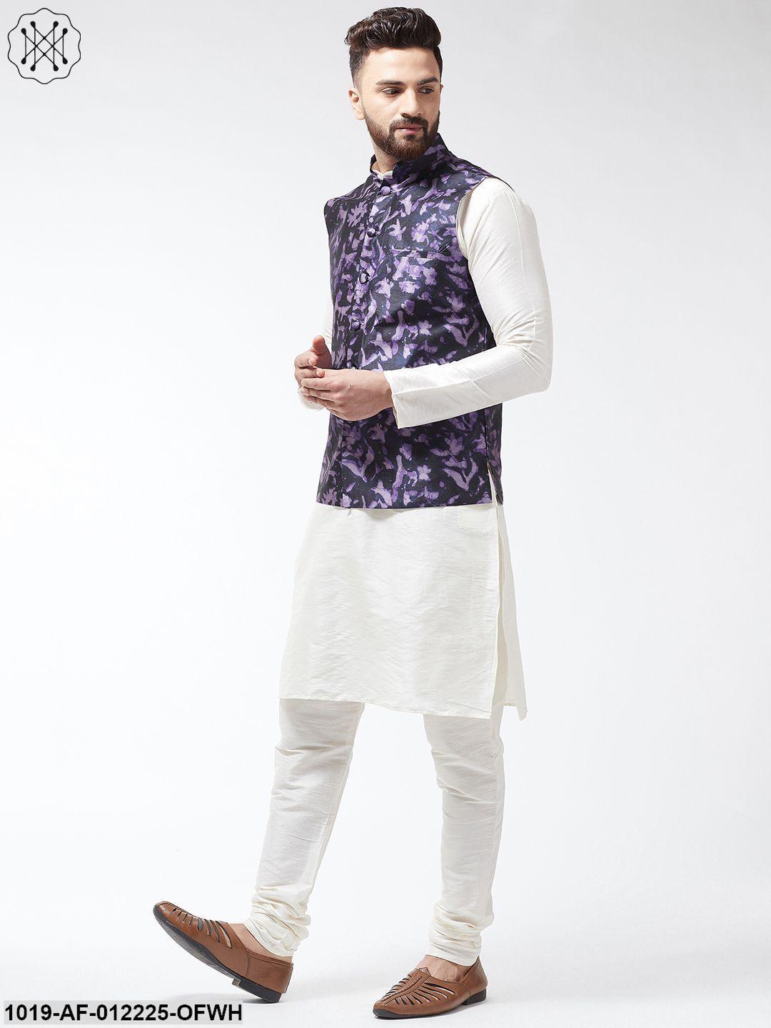 Men's Silk Blend Offwhite Kurta With Pyjama & Navyblue Printed Nehrujacket - Sojanya - Indiakreations