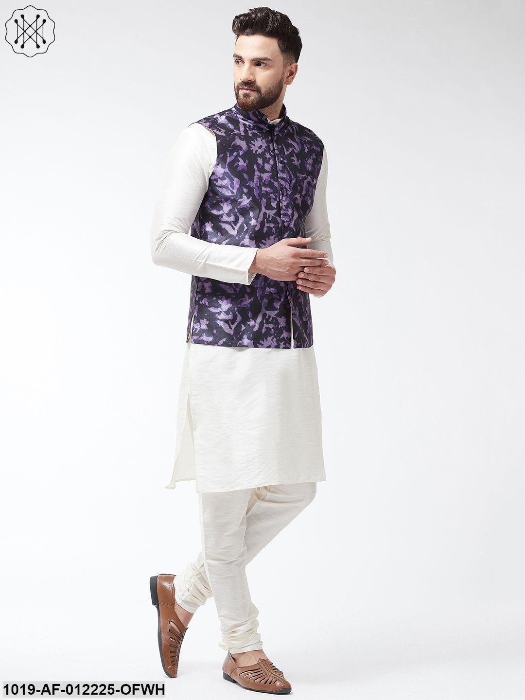 Men's Silk Blend Offwhite Kurta With Pyjama & Navyblue Printed Nehrujacket - Sojanya - Indiakreations