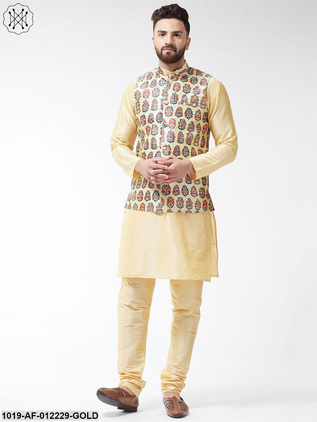 Men's Silk Blend Gold Kurta With Pyjama & Beige Printed Nehrujacket Combo - Sojanya - Indiakreations