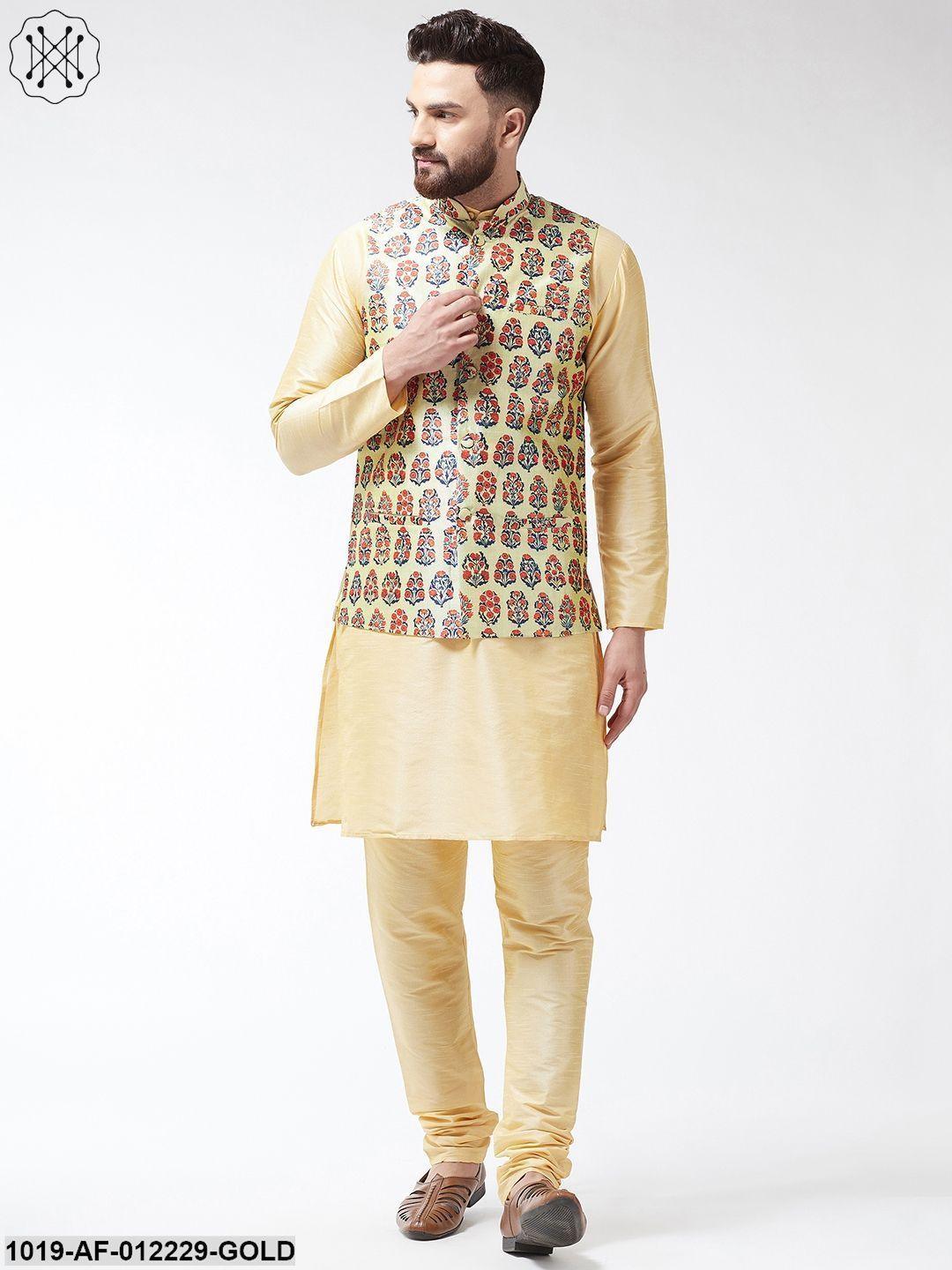 Men's Silk Blend Gold Kurta With Pyjama & Beige Printed Nehrujacket Combo - Sojanya - Indiakreations