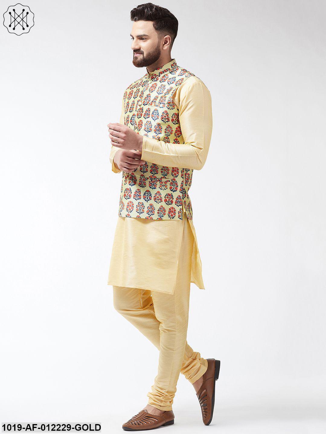 Men's Silk Blend Gold Kurta With Pyjama & Beige Printed Nehrujacket Combo - Sojanya - Indiakreations