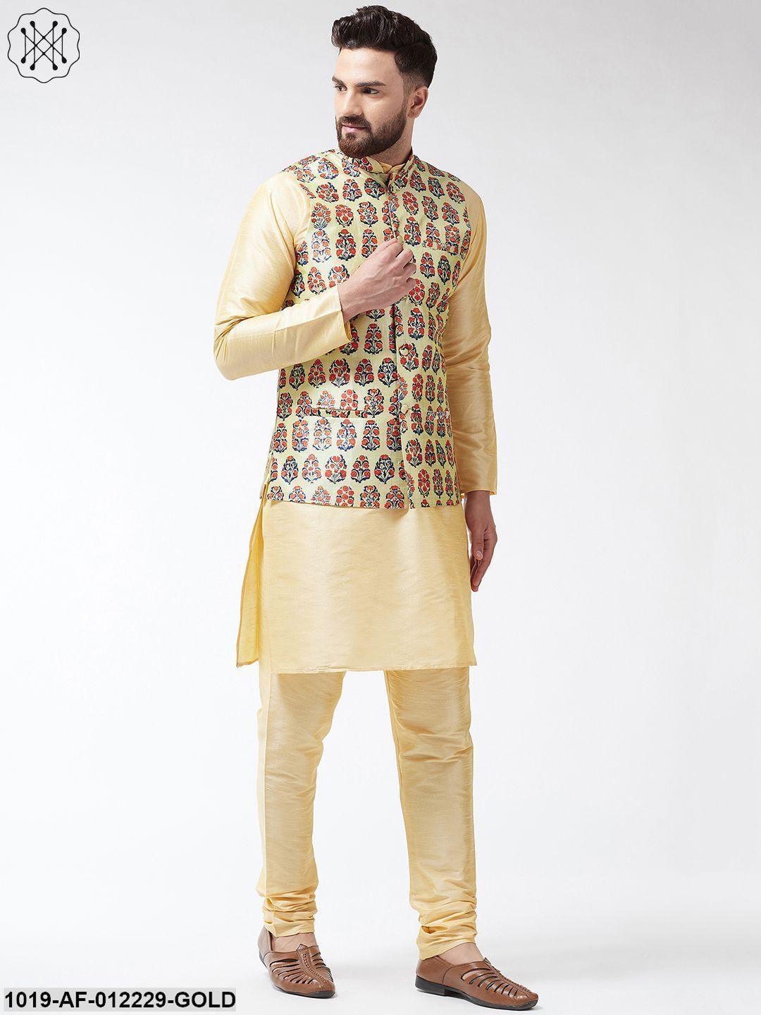 Men's Silk Blend Gold Kurta With Pyjama & Beige Printed Nehrujacket Combo - Sojanya - Indiakreations