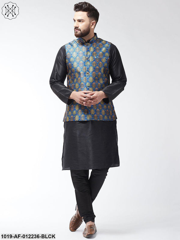 Men's Silk Blend Black Kurta With Pyjama & Blue Printed Nehrujacket Combo - Sojanya - Indiakreations