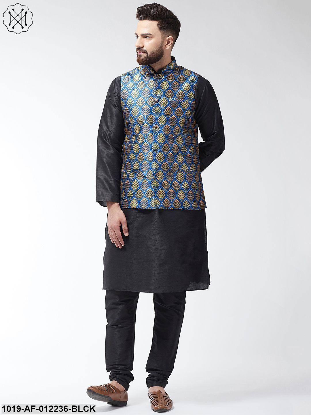 Men's Silk Blend Black Kurta With Pyjama & Blue Printed Nehrujacket Combo - Sojanya - Indiakreations