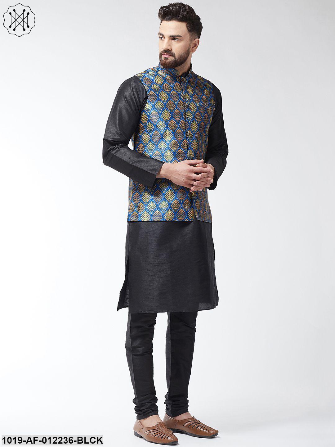 Men's Silk Blend Black Kurta With Pyjama & Blue Printed Nehrujacket Combo - Sojanya - Indiakreations