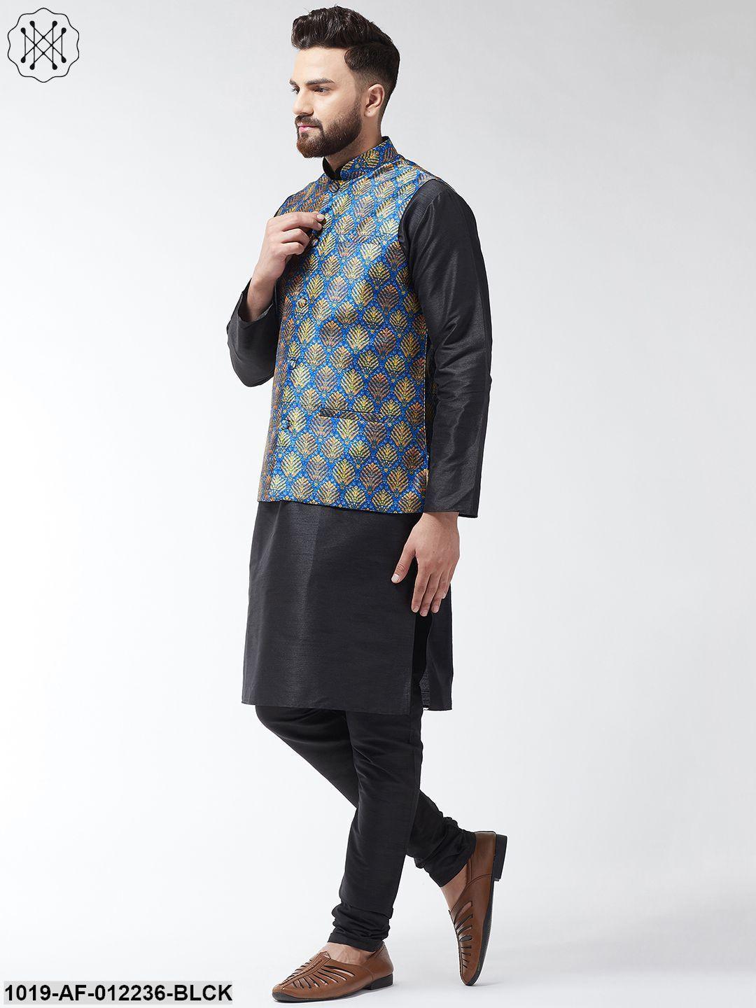 Men's Silk Blend Black Kurta With Pyjama & Blue Printed Nehrujacket Combo - Sojanya - Indiakreations