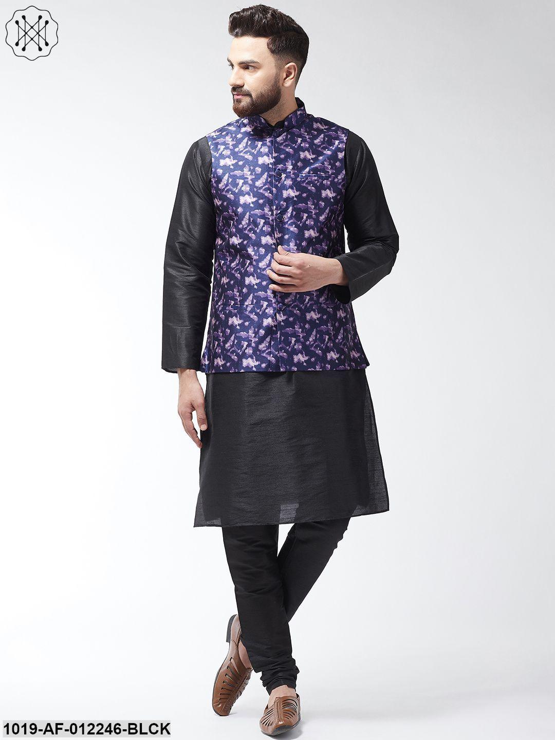 Men's Silk Blend Black Kurta With Pyjama & Navyblue Printed Nehrujacket Combo - Sojanya - Indiakreations