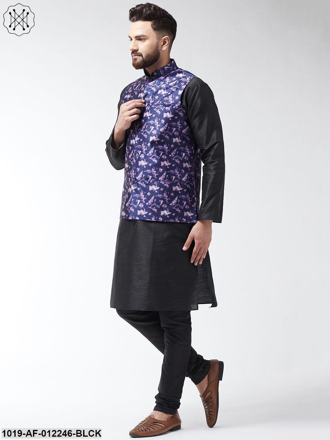 Men's Silk Blend Black Kurta With Pyjama & Navyblue Printed Nehrujacket Combo - Sojanya - Indiakreations