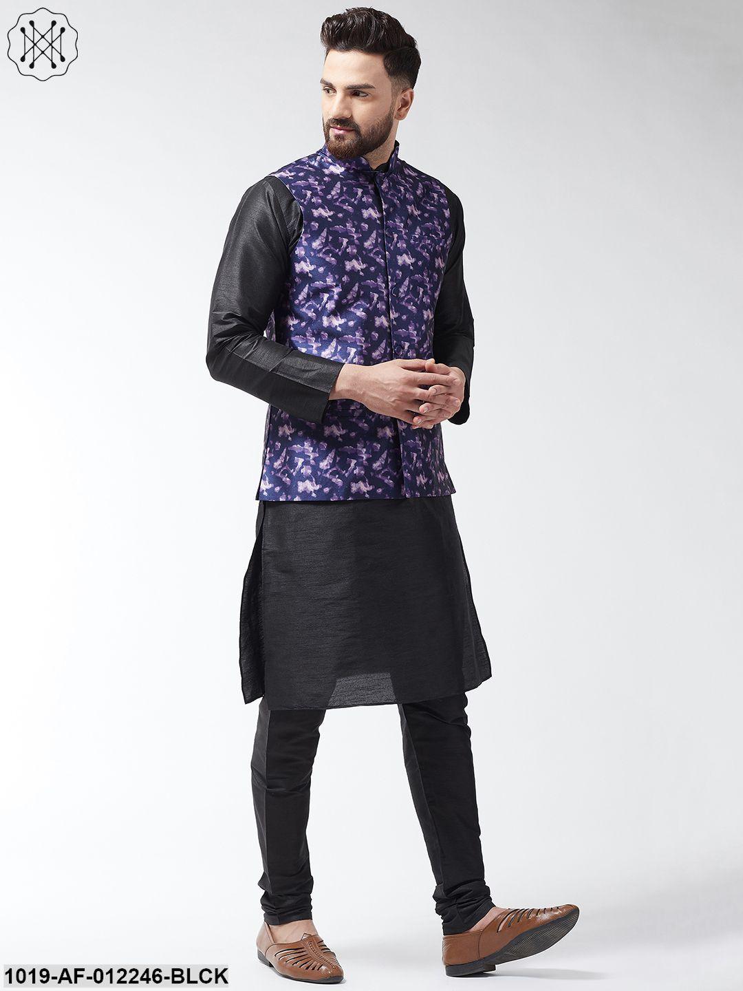 Men's Silk Blend Black Kurta With Pyjama & Navyblue Printed Nehrujacket Combo - Sojanya - Indiakreations