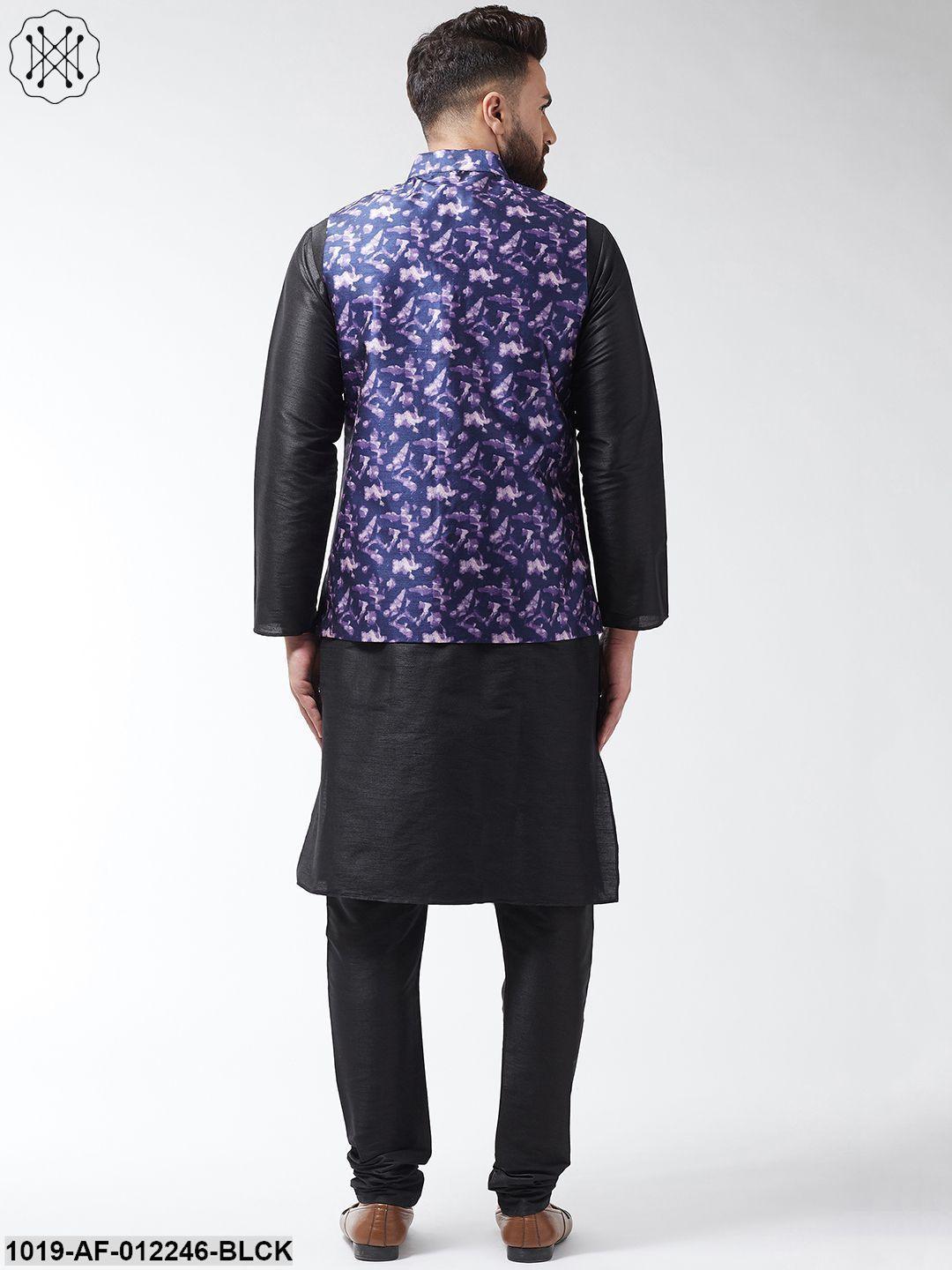 Men's Silk Blend Black Kurta With Pyjama & Navyblue Printed Nehrujacket Combo - Sojanya - Indiakreations