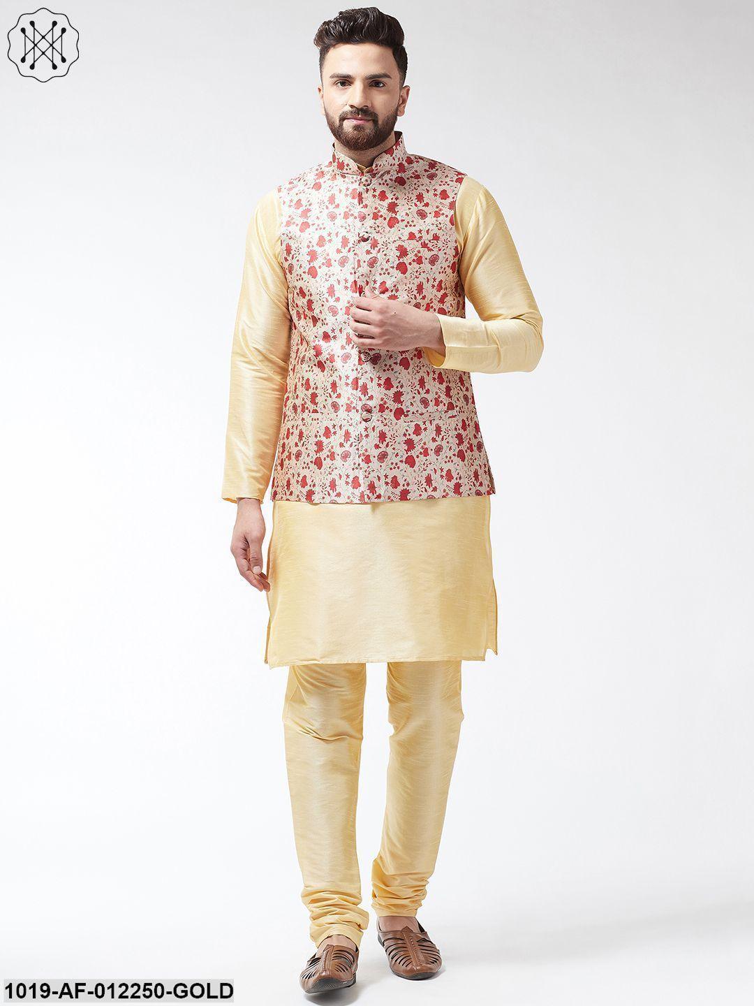 Men's Silk Blend Gold Kurta With Pyjama & Red Printed Nehrujacket Combo - Sojanya - Indiakreations