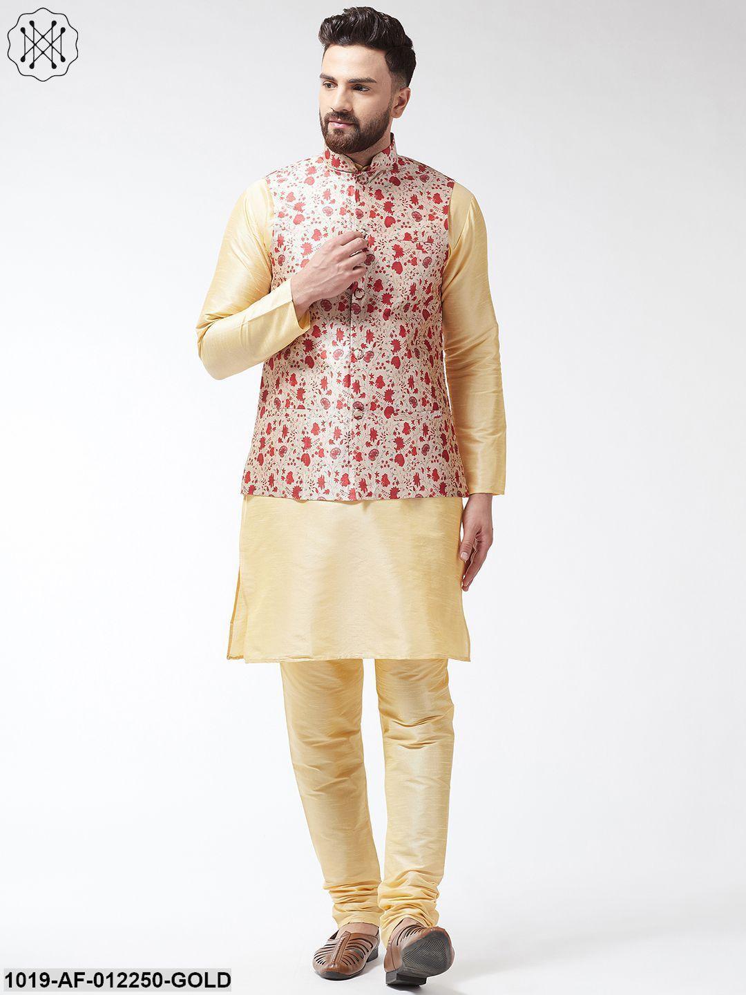 Men's Silk Blend Gold Kurta With Pyjama & Red Printed Nehrujacket Combo - Sojanya - Indiakreations