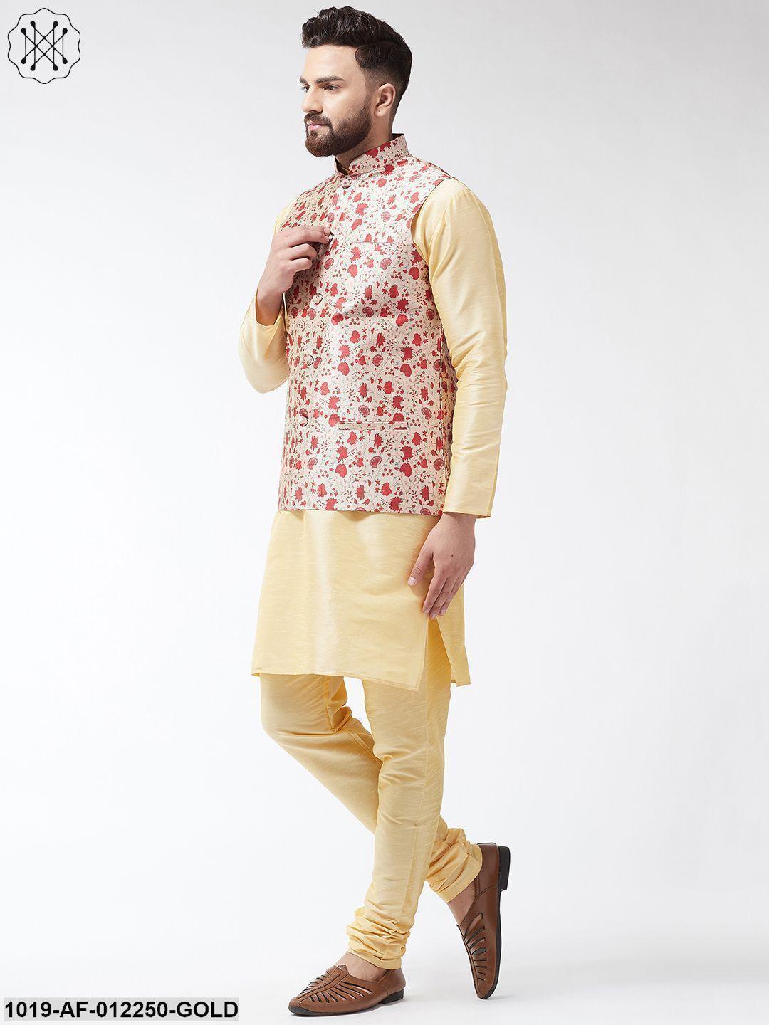 Men's Silk Blend Gold Kurta With Pyjama & Red Printed Nehrujacket Combo - Sojanya - Indiakreations