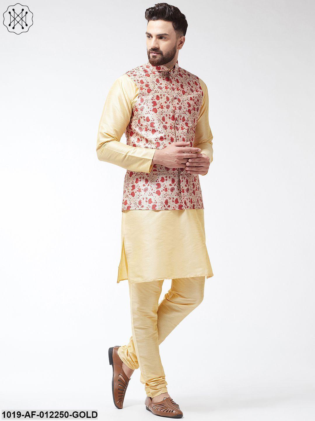 Men's Silk Blend Gold Kurta With Pyjama & Red Printed Nehrujacket Combo - Sojanya - Indiakreations