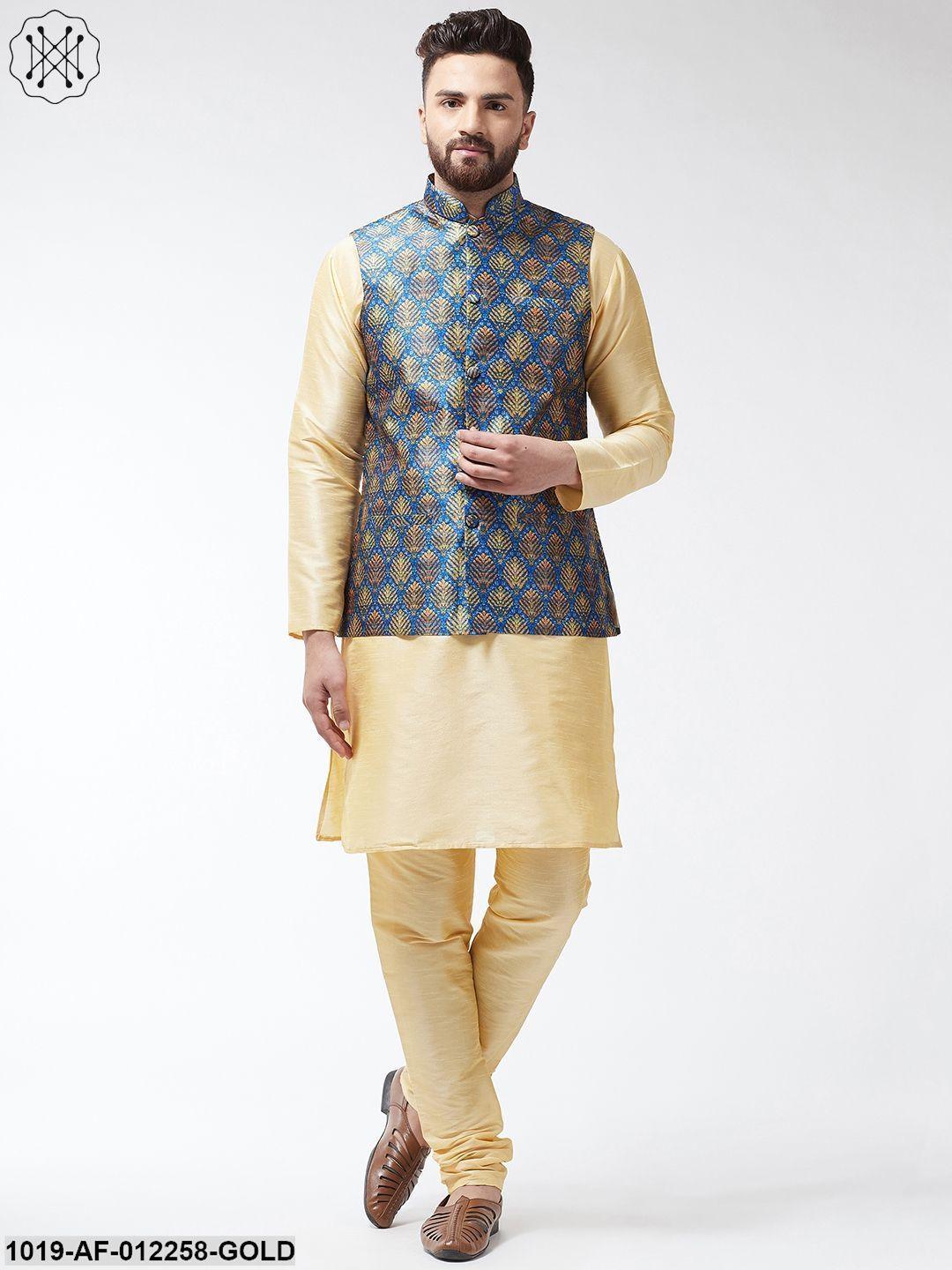 Men's Silk Blend Gold Kurta With Pyjama & Blue Printed Nehrujacket Combo - Sojanya - Indiakreations