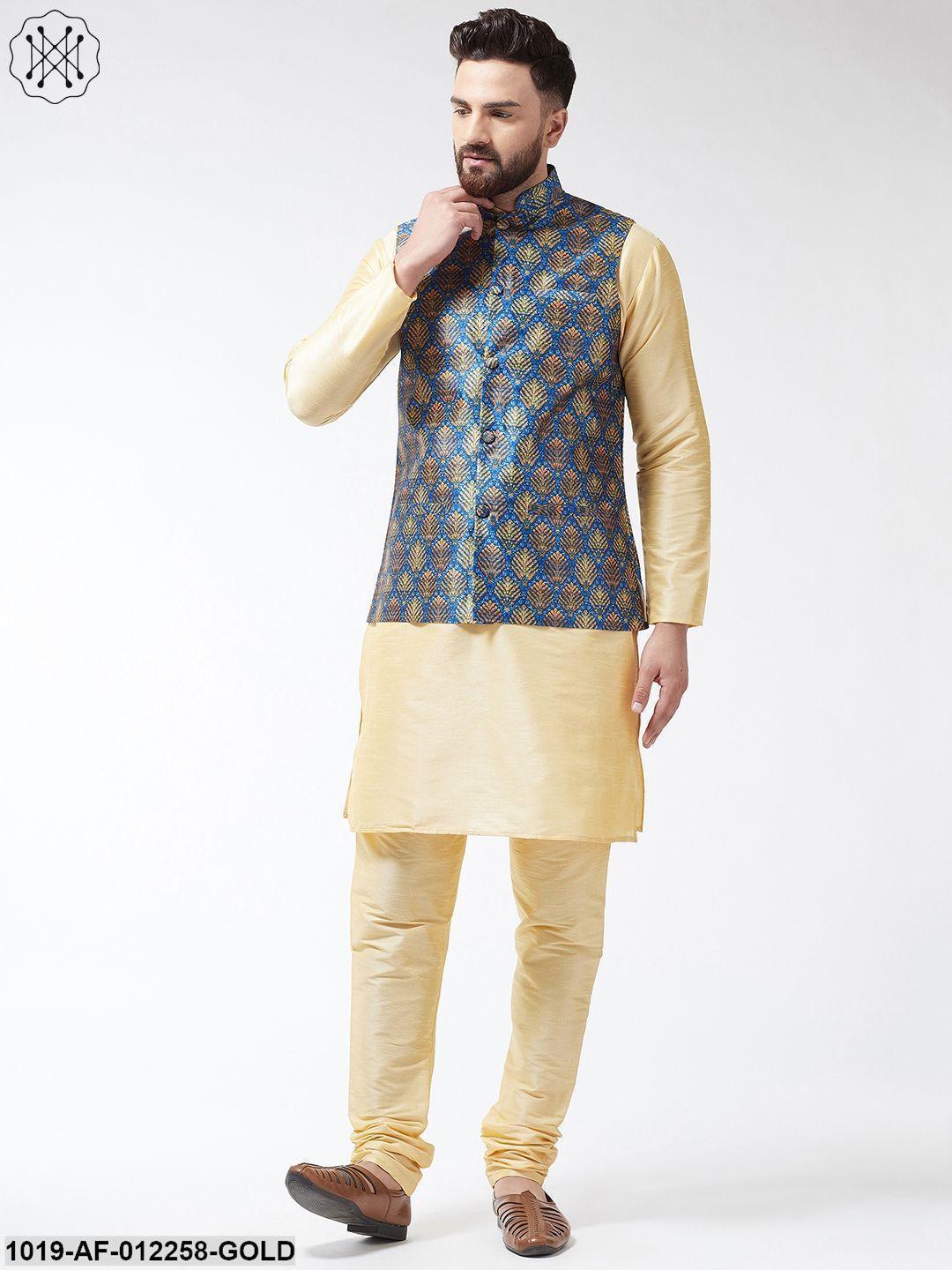 Men's Silk Blend Gold Kurta With Pyjama & Blue Printed Nehrujacket Combo - Sojanya - Indiakreations