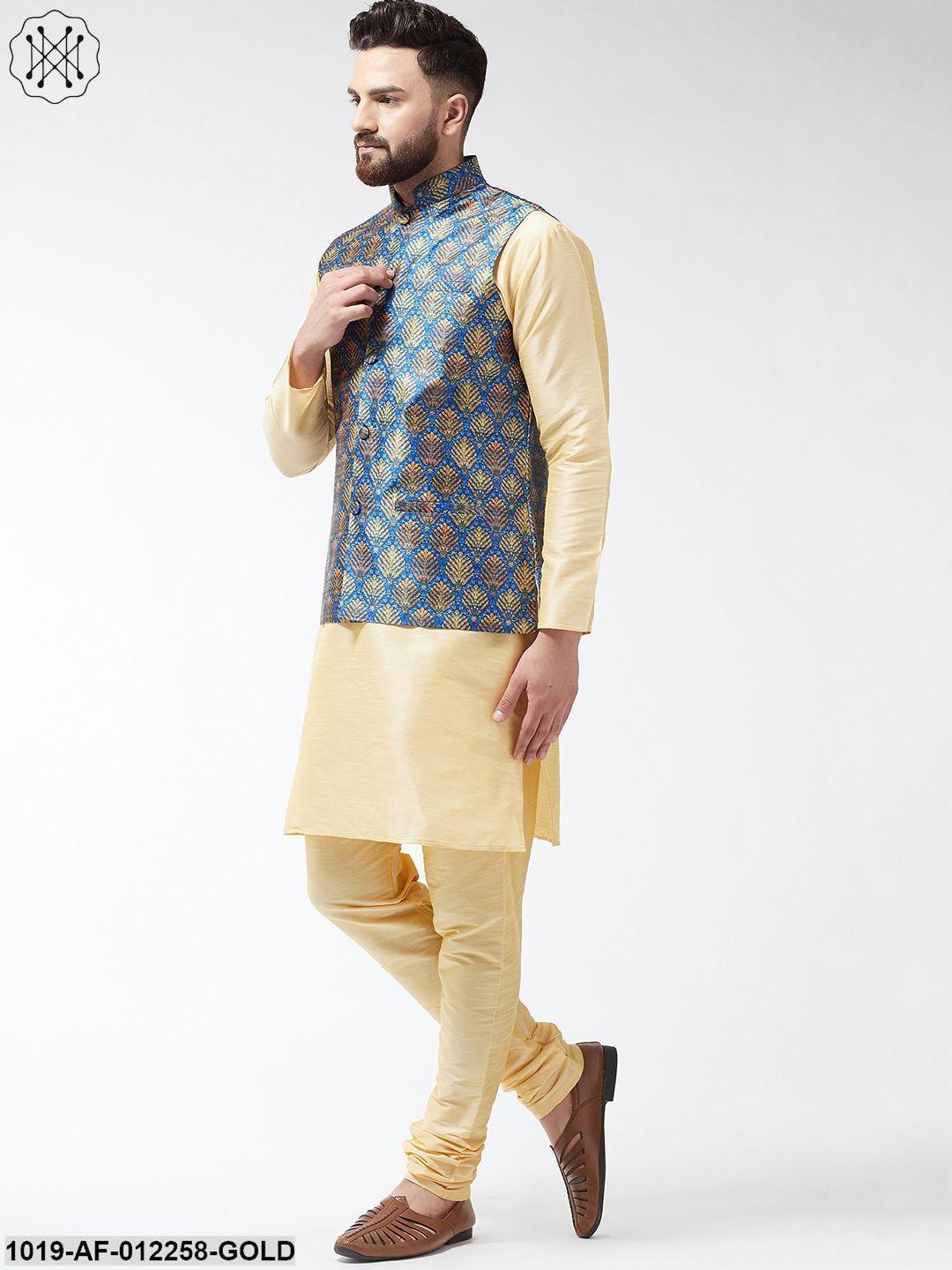 Men's Silk Blend Gold Kurta With Pyjama & Blue Printed Nehrujacket Combo - Sojanya - Indiakreations