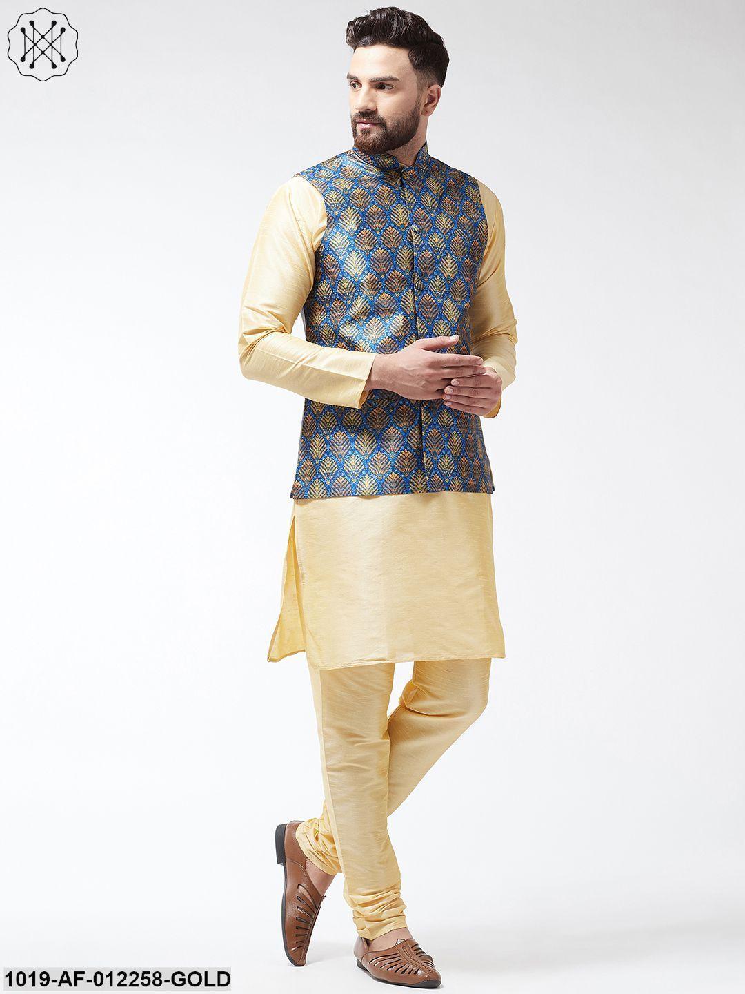 Men's Silk Blend Gold Kurta With Pyjama & Blue Printed Nehrujacket Combo - Sojanya - Indiakreations