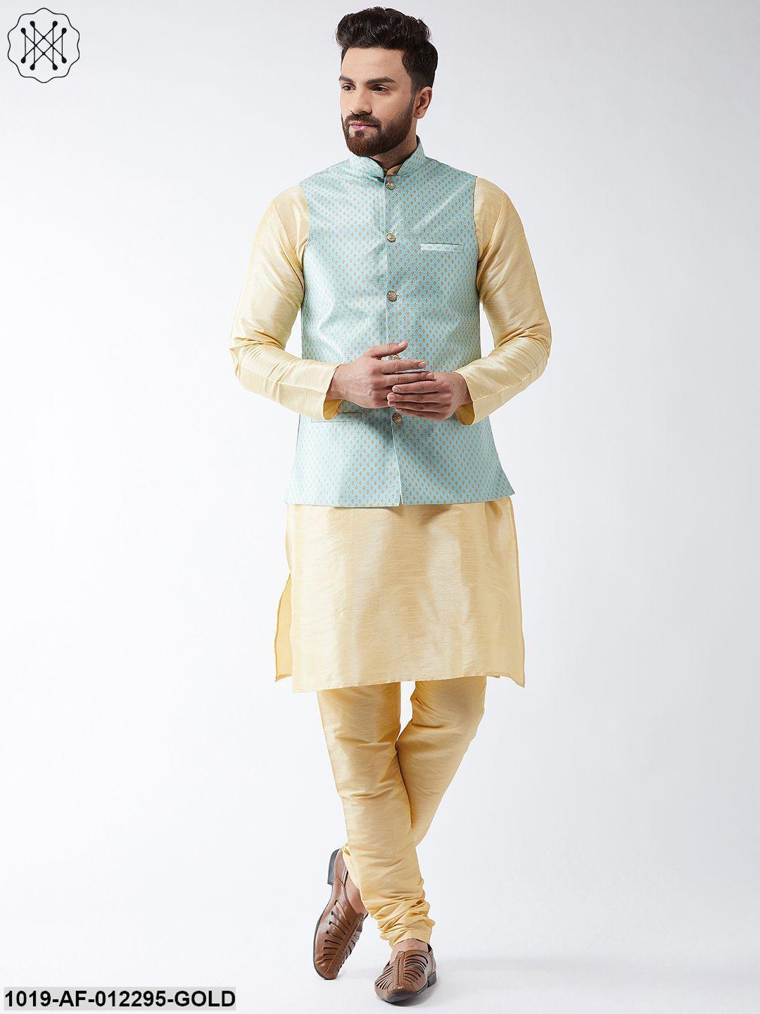 Men's Silk Blend Gold Kurta Pyjama & Sea Green Nehrujacket Set - Sojanya - Indiakreations