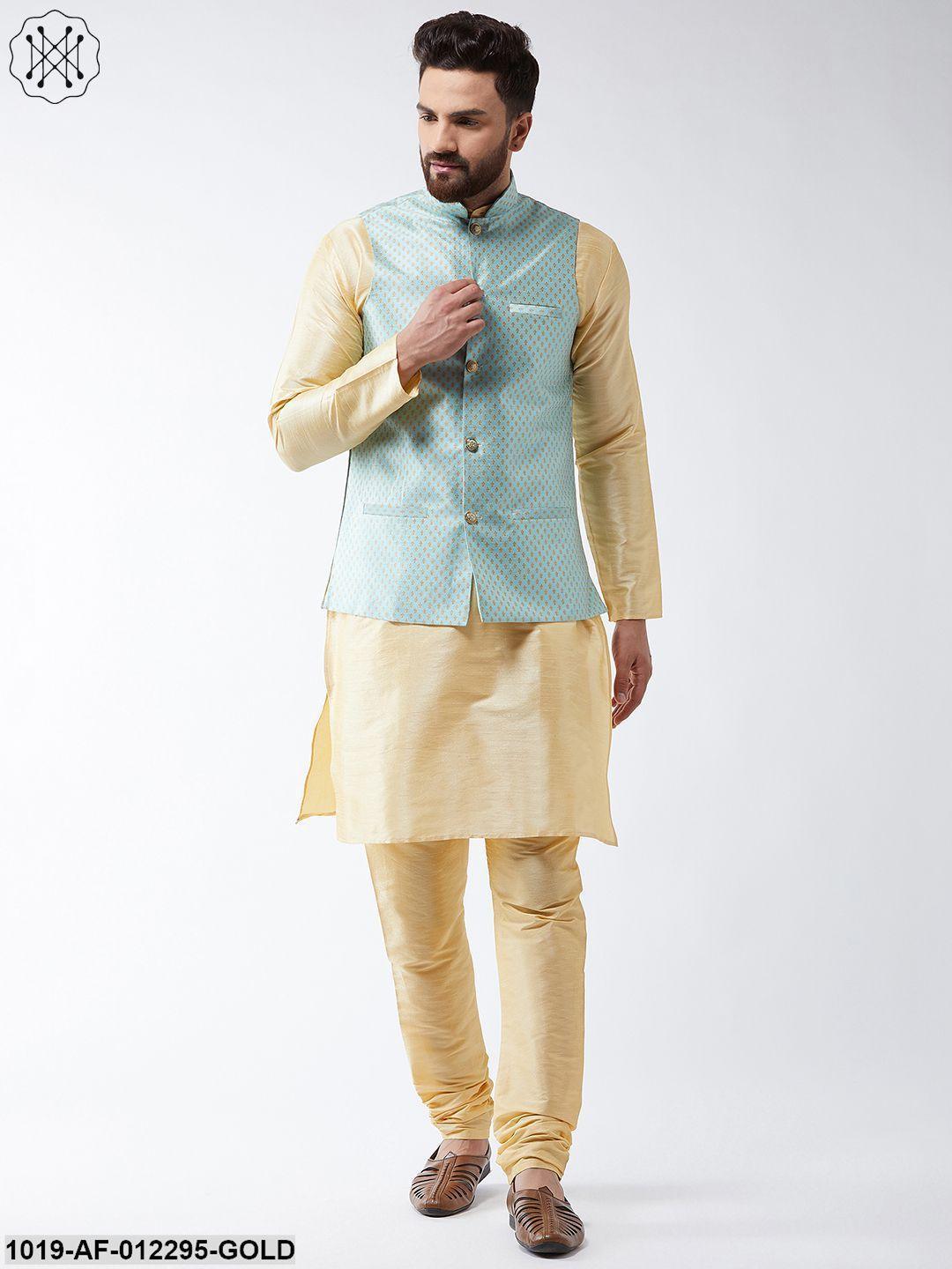 Men's Silk Blend Gold Kurta Pyjama & Sea Green Nehrujacket Set - Sojanya - Indiakreations