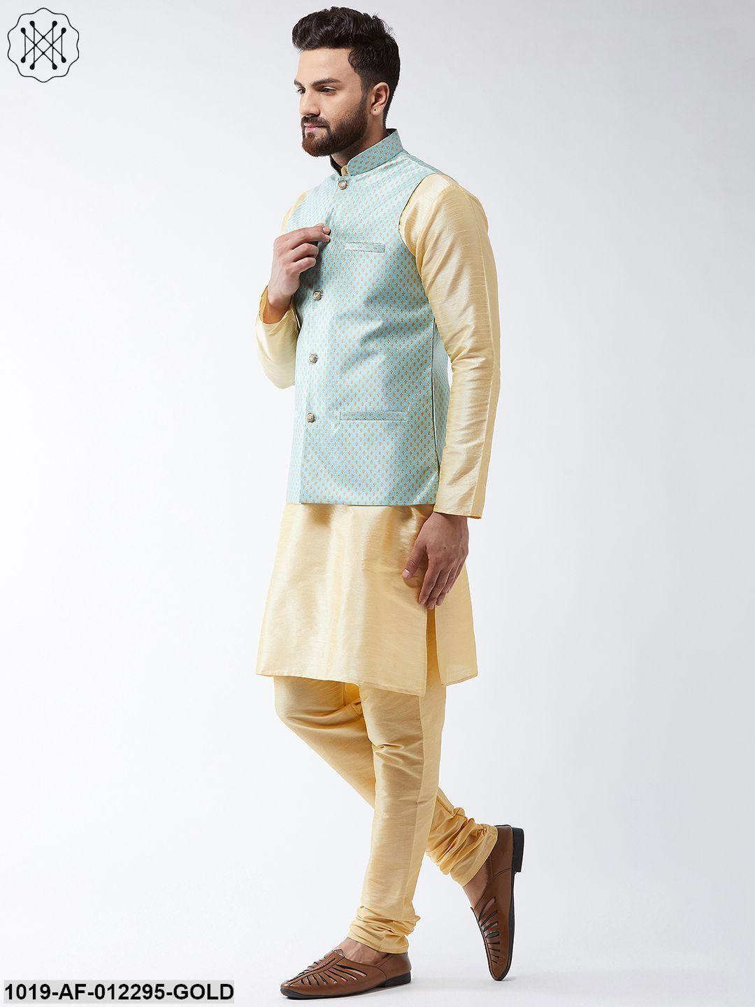 Men's Silk Blend Gold Kurta Pyjama & Sea Green Nehrujacket Set - Sojanya - Indiakreations