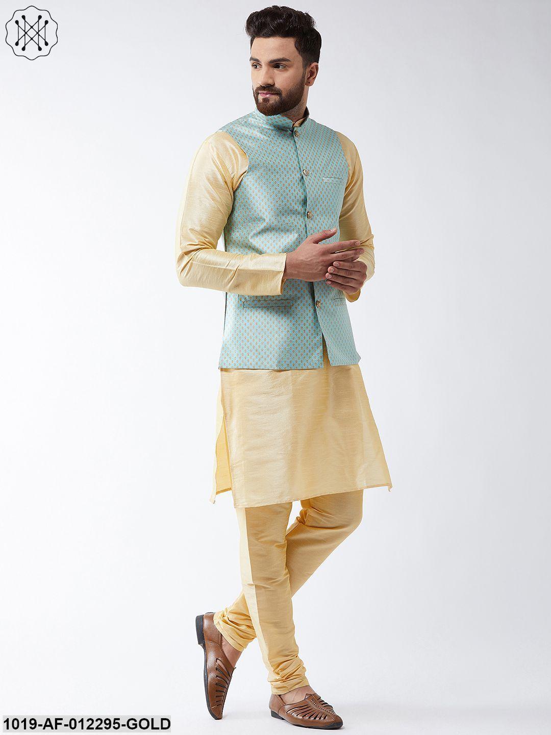 Men's Silk Blend Gold Kurta Pyjama & Sea Green Nehrujacket Set - Sojanya - Indiakreations